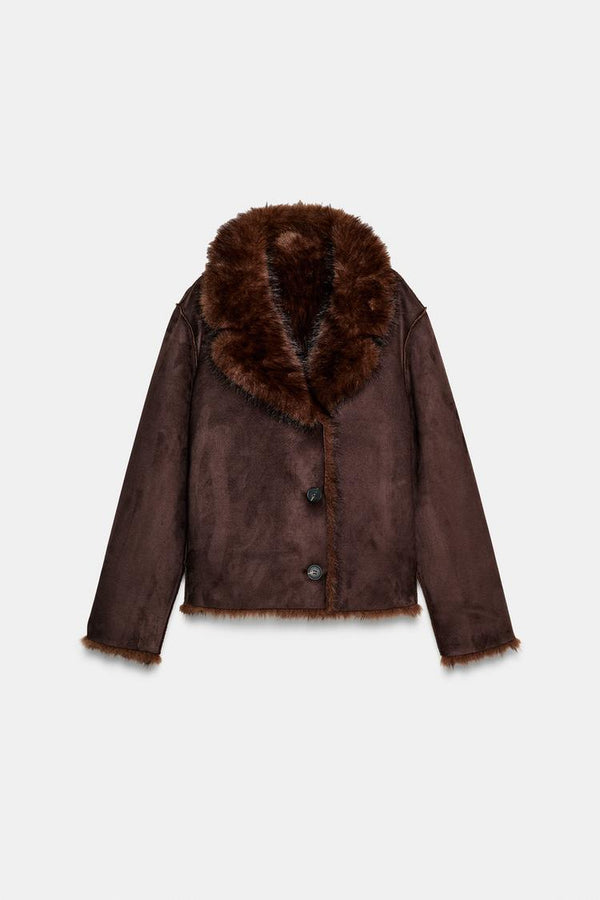 VESTE RÉVERSIBLE EFFET DAIM ET FAUSSE FOURRURE